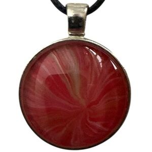Handmade Red Pink Fluid Art Glass Pendant Necklace Round Cabochon Silver Tone